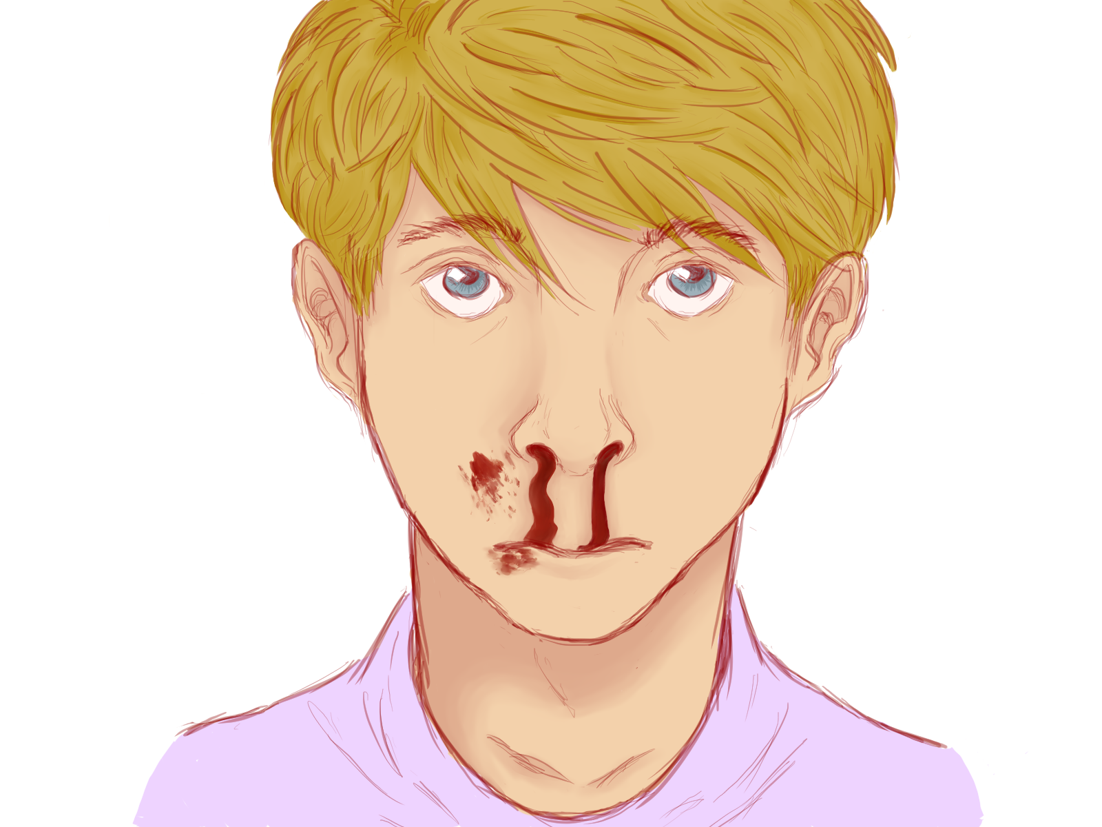 a young blond boy with a nose bleed