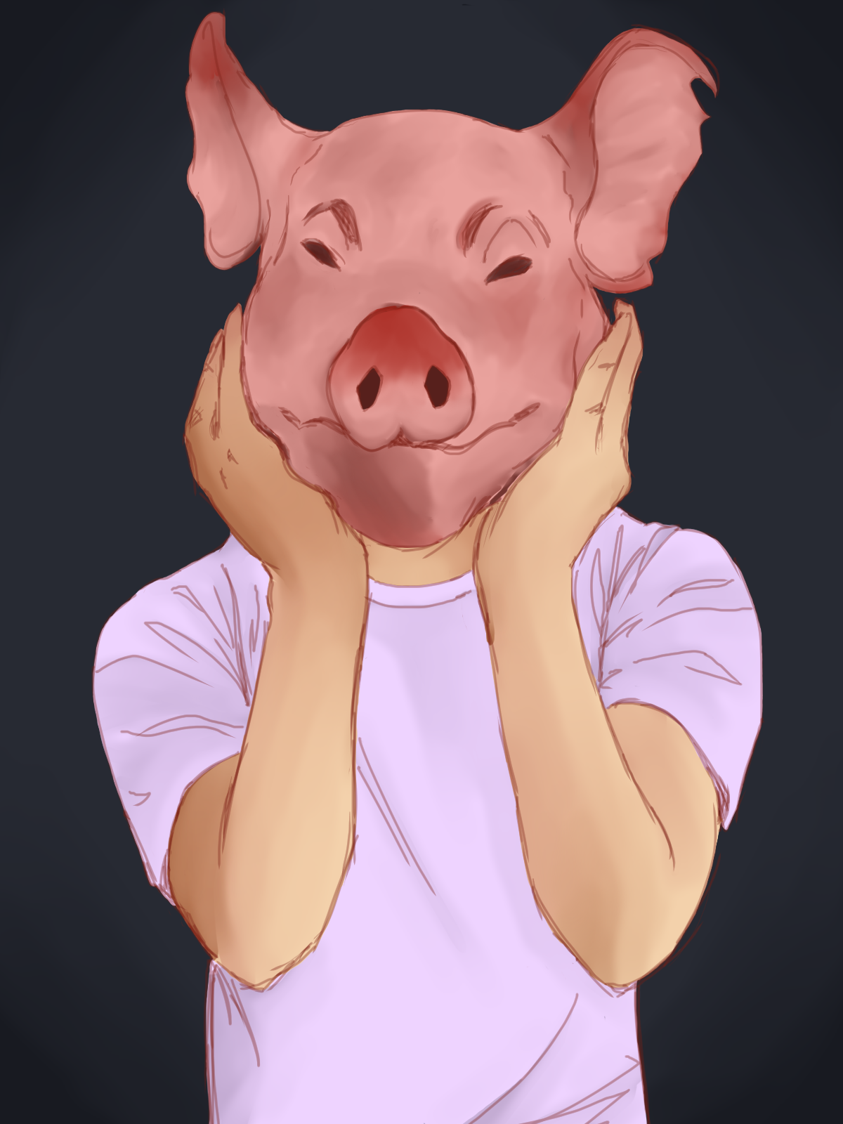 a young boy holding a pig's head in front of his face